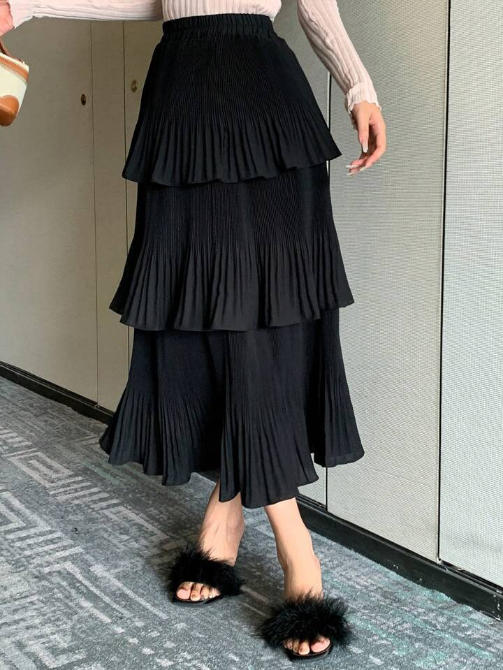 DAZY Solid Layer Ruffle Hem Pleated Skirt | SHEIN