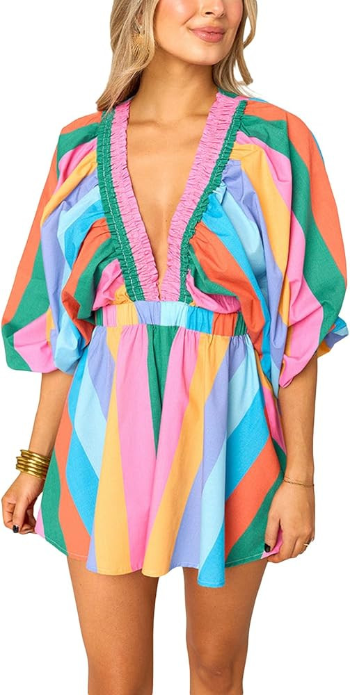 Women Summer Casual Short Tee Romper Deep v Neck Long Puff Sleeve Plaid Playsuit Oversized Jumpsu... | Amazon (US)