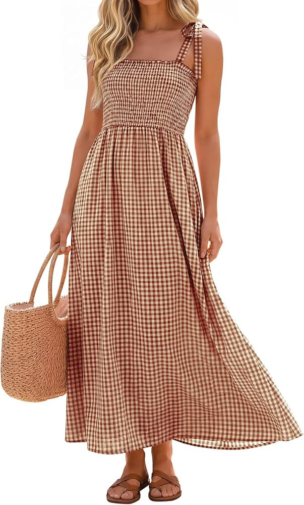 Womens Maxi Plaid Gingham Spaghetti Strap Flowy Sundress Summer Boho Casual Smocked Beach Vacatio... | Amazon (US)