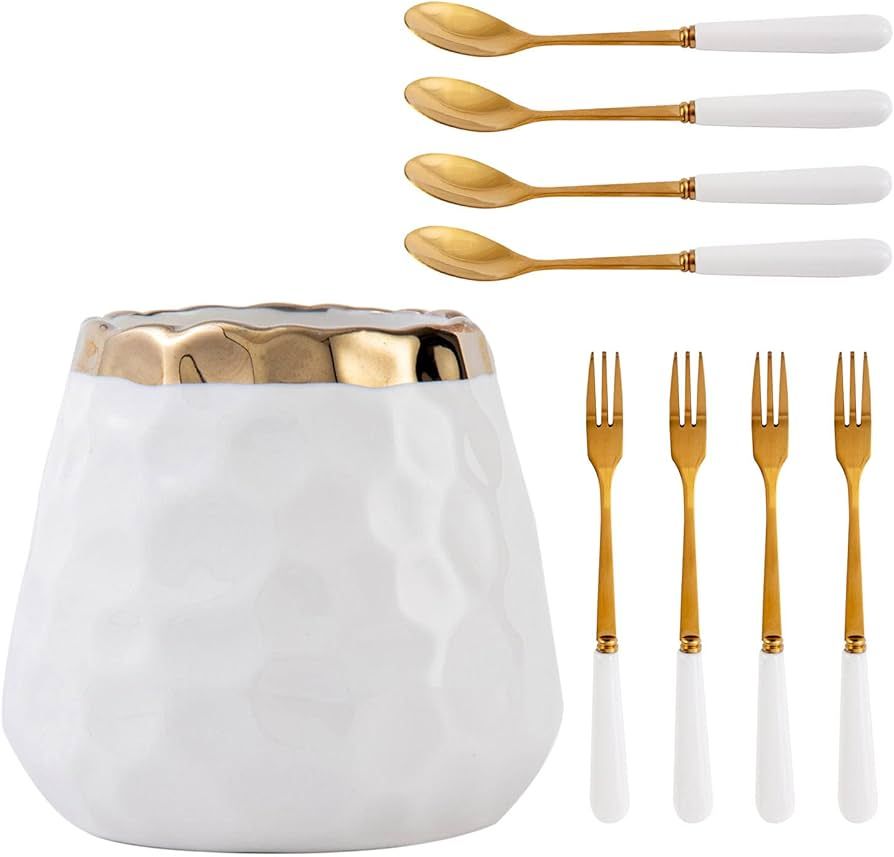 Tregoer Coffee Spoon & Dessert Fork Set,Ceramic Jar with 4 Forks and 4 Spoons for Coffee,Tea,Ice ... | Amazon (US)