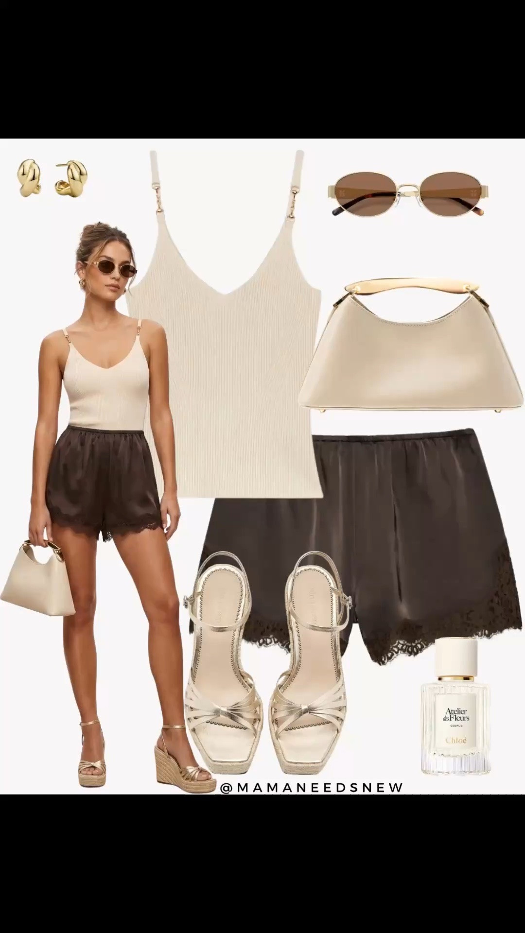 A late spring to summer outfit with a ribbed gold detail tank top, satin lace trim shorts, top handle bag, espadrille wedges 🤎🤍

#LTKootd #LTKSeasonal #LTKSaleAlert