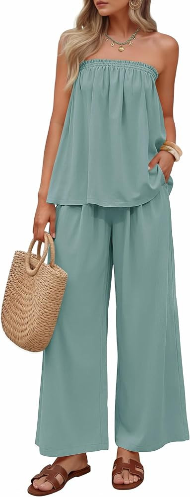 ZESICA Women's Summer 2 Piece Sets 2026 Spring Casual Strapless Tube Top Wide Leg Pants Ruffle Be... | Amazon (US)