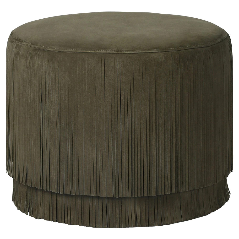 Rooney Modern Classic Olive Green Leather Fringed Round Ottoman | Kathy Kuo Home