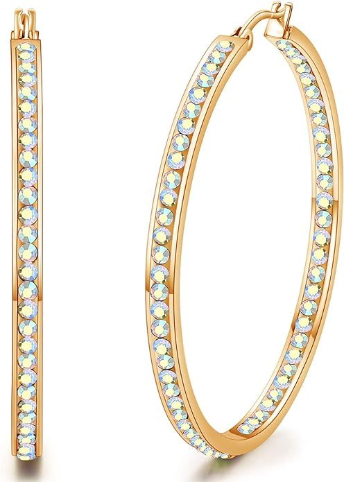 weinuo 2 Inch Stunning Stainless Steel Multi-colors Cubic Zirconia Hoop Earring for Women Hypoall... | Amazon (US)