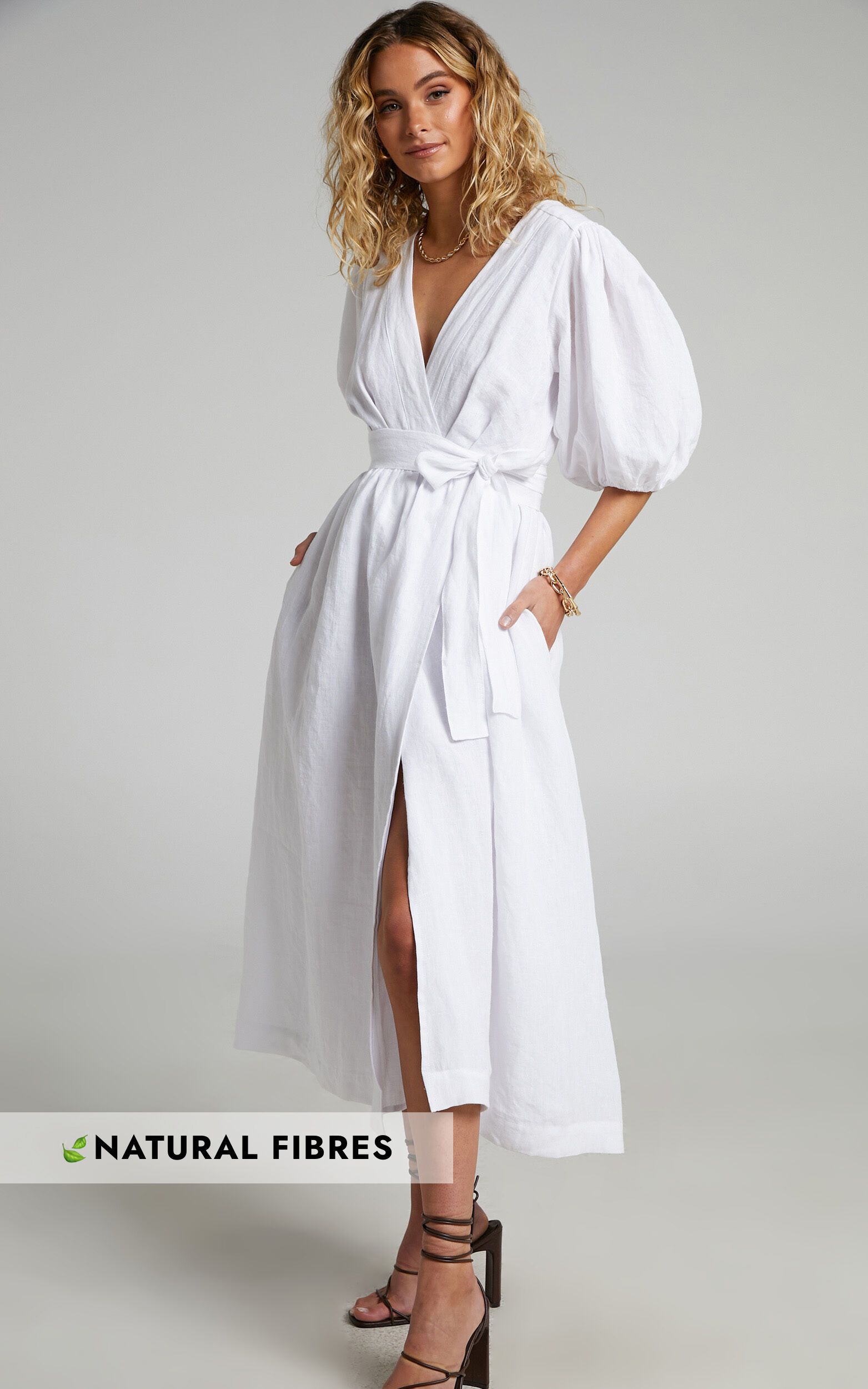 Amalie The Label - Franc Linen Puff Sleeve Wrap Midi Dress in White | Showpo (US, UK & Europe)