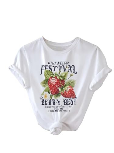 SweatyRocks Women's Lemon Shirts Letter Fruit Printed Graphic Tees Short Sleeve Casual T-Shirt Strawberry-White X-Large | Amazon (US)