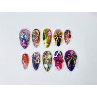 Whimsical Artisan Press-On Nails | Eccentric Multi-Color Fake Luxury Custom Acrylic Dazzling Hand-Painted Nail Art Jb501Yc | Etsy (US)