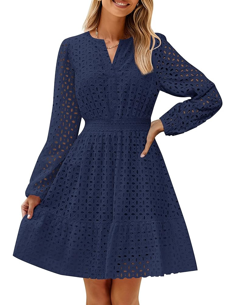 ZESICA Women's 2025 Long Sleeve Mini Dress Spring V Neck Hollow Out Eyelet Embroidery Ruffle A Li... | Amazon (US)