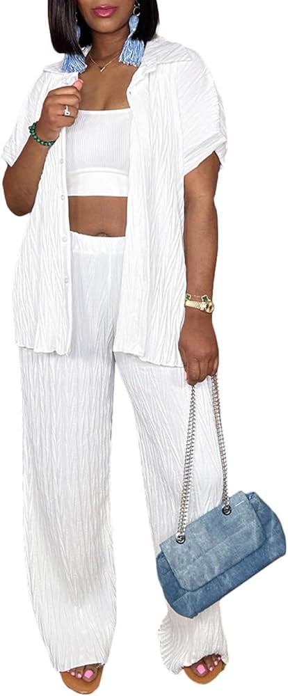 Aladeno Pleated Sets for Women 2 Piece Casual Solid Color Short Sleeve Shirt Wide Leg Trouser Set... | Amazon (US)