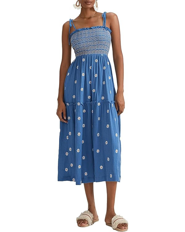 Women Floral Embroidered Maxi Dress Sleeveless Tie Shoulder Smocked Flowy Dress Boho Summer Sundr... | Amazon (US)