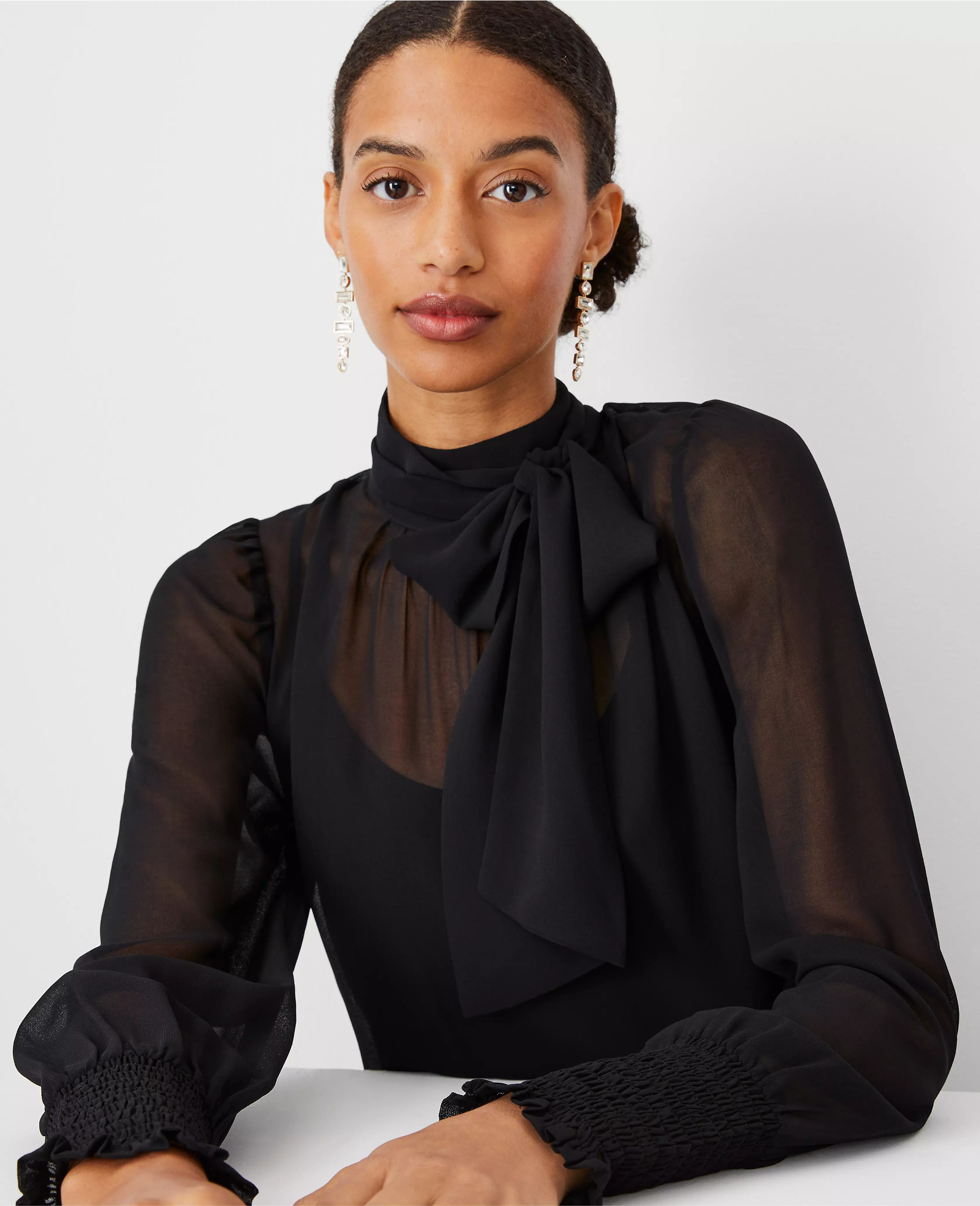 Sheer Smocked Cuff Bow Blouse | Ann Taylor (US)