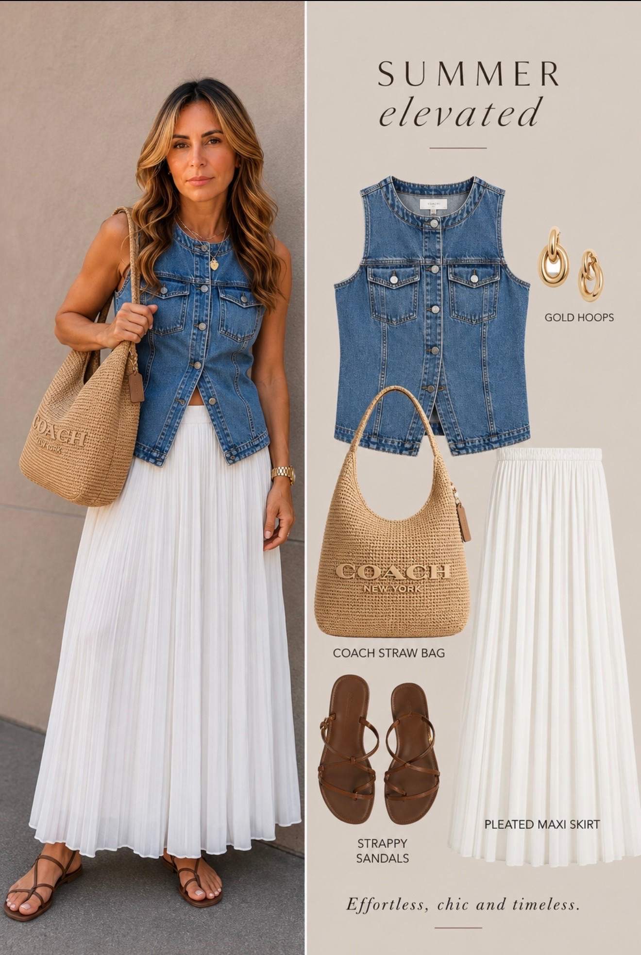 Denim, white pleats, and a straw bag… the kind of outfit that never goes out of style. 🤍

Effortless, feminine, and perfect for sunny days. Sometimes the simplest pieces create the most elegant looks.

✨ Saving this one for all summer long.

#LTKStyle #LTKFashion #SummerStyle #Over40Fashion #ClassicStyle #DenimVest #PleatedSkirt #CoachBag #NeutralStyle #EffortlessChic

#LTKgrwm #LTKootd #LTKOver40