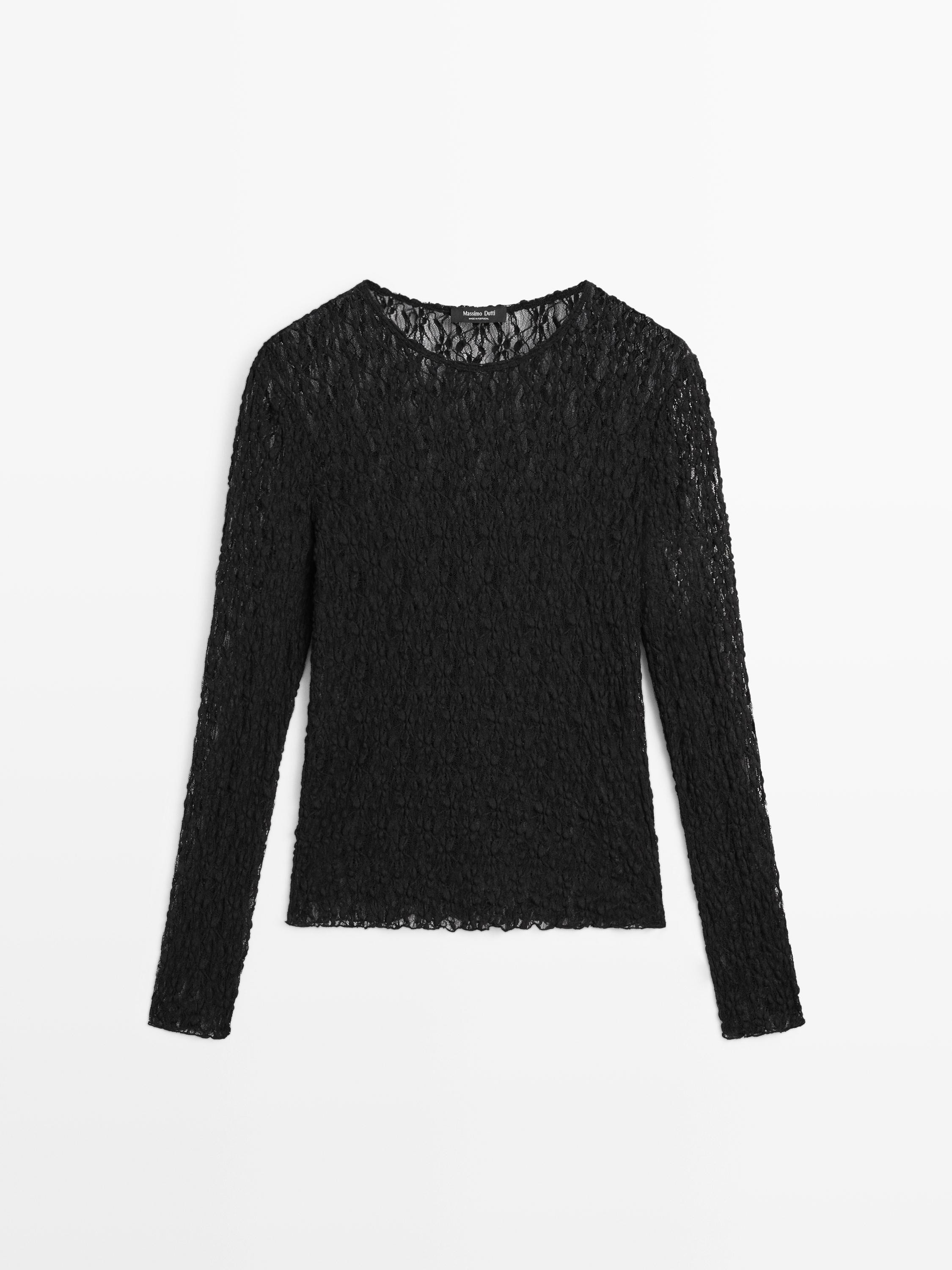 Openwork knit top with long sleeves and lace | Massimo Dutti UK
