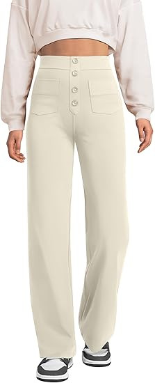keriffe Women's Straight Leg Pants High Waisted Button Stretchy Business Work Dress Casual Trouse... | Amazon (US)