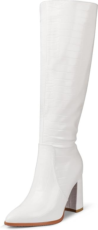 MERUMOTE Women's Knee High Boots Chunky Heels Zipper High Heel Shoes Faux Crocodile Boots | Amazon (US)