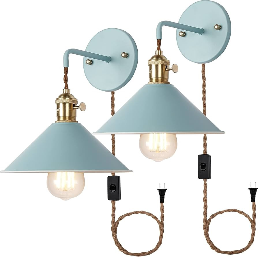 Plug in Switch Wall Sconces Set of Two,Blue Wall lamp with Plug in Cord of 2 for Bedroom Hanging ... | Amazon (US)