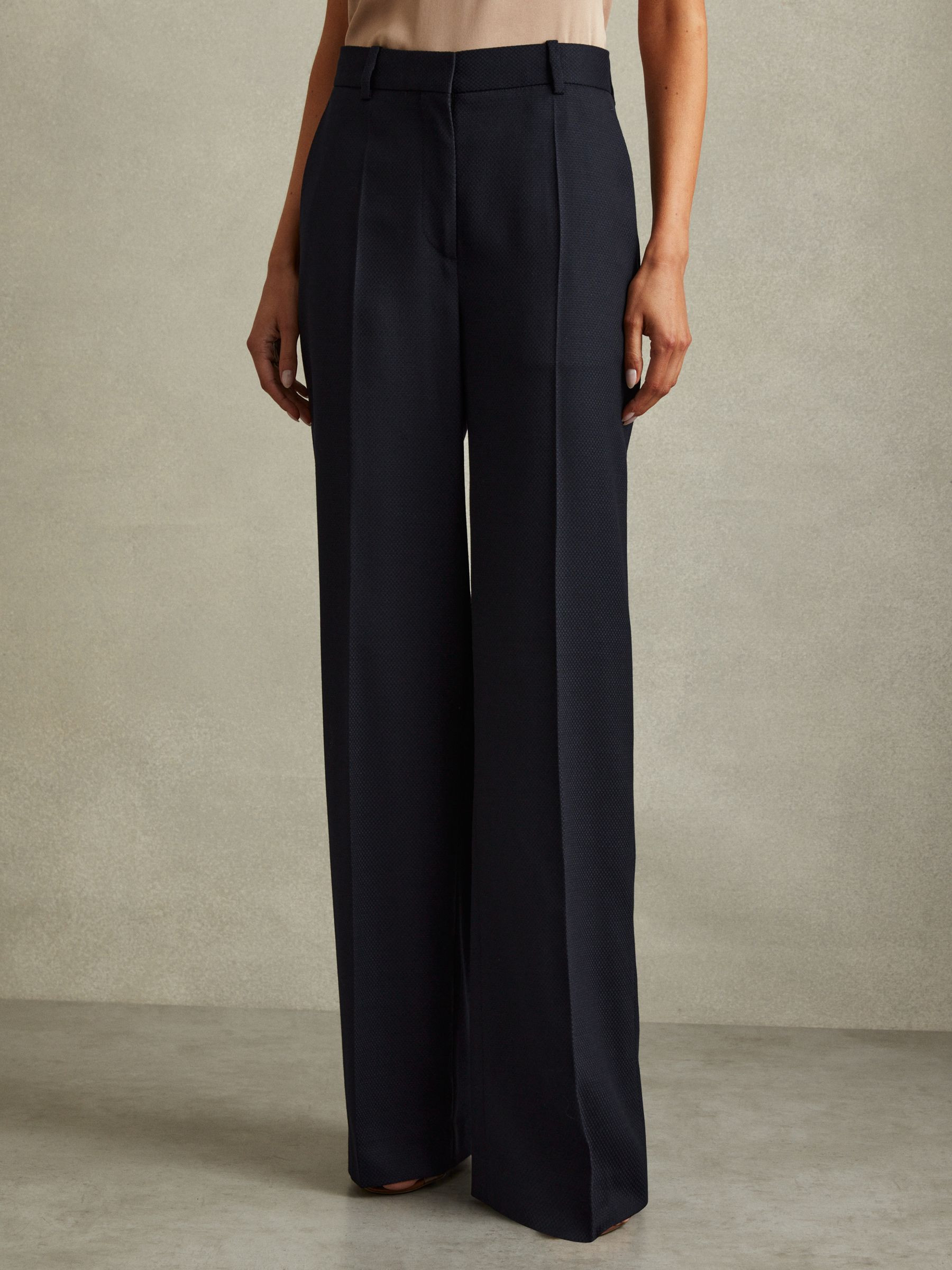 Reiss Textured Wide Leg Suit Trousers in Navy - REISS | Reiss UK