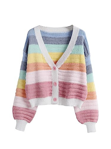 SweatyRocks Women's Color Block V Neck Button Front Knit Cardigan Sweater Outerwear Rainbow M | Amazon (US)