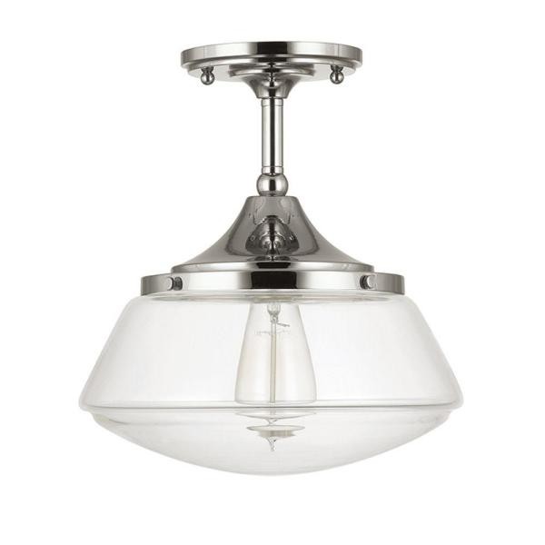 Home Decorators Collection 1-Light Polished Nickel Vintage Schoolhouse Semi-Flush Mount Light with C | Home Depot
