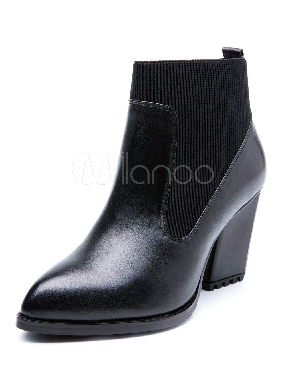 Women's Black Booties Pointed Toe Chunky Heel Cowhide Slip On Boots | Milanoo