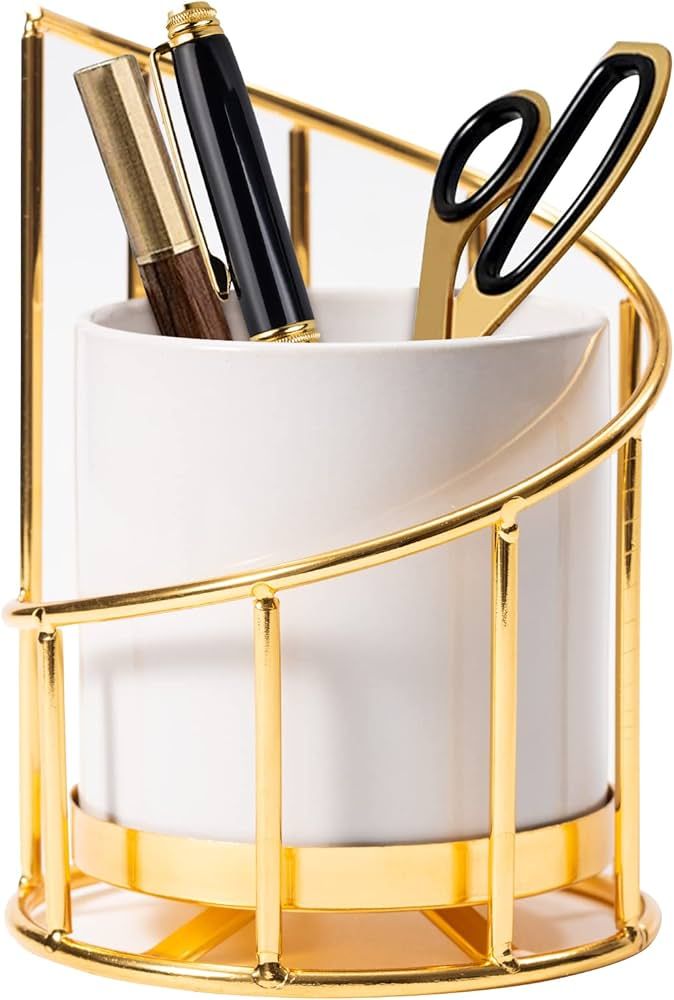 White and Gold Pen Holder for Desk, Pencil Cup, Ceramic Pen Holder with Metal Frame, Makeup Brush... | Amazon (US)