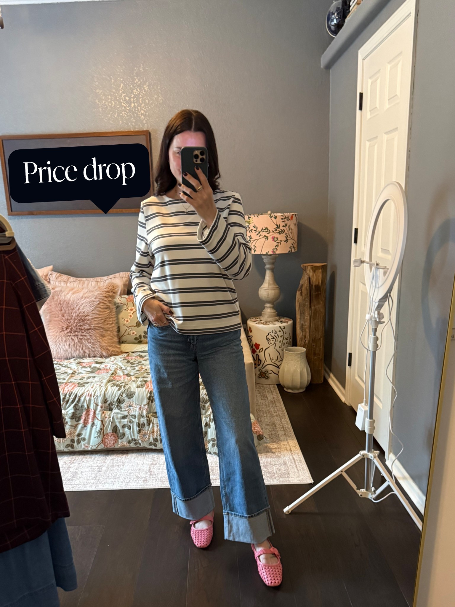 Cute, effortless, and on MAJOR SALE 😍👇
Wearing small in top and 0 petite in jeans. 

This classic striped top + wide cuff denim is the perfect “throw on and look pulled together” combo. Think brunch, errands, school drop-off — styled in seconds ✅

✨ Why you’ll LOVE it:
• The soft striped tee you’ll reach for all year
• Trendy cuffed jeans that instantly elevate your look
• BOTH on a can’t-miss markdown (run, don’t walk!)
• Pop-of-fun pink flats tie it all together 💕
Sizes are going FAST — grab yours before they’re gone!

Tap to shop the sale 🔥🛍️

#LTKStyleTip #LTKFindsUnder50 #LTKSaleAlert