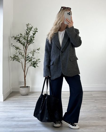 Spring Style, Spring Outfit, Outfit Inspiration, Navy Tailored Trousers, Tote Bag, Grey Blazer, Converse 

#LTKSeasonal #LTKeurope #LTKstyletip