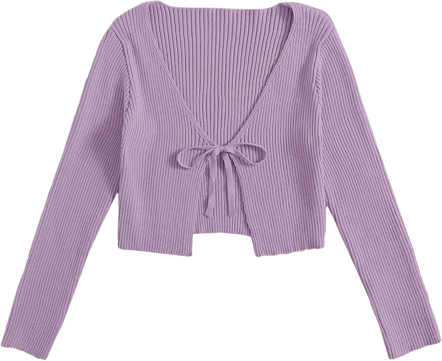 Floerns Women's Tie Front Long Sleeve Rib Knit Cardigan Crop Top | Amazon (US)