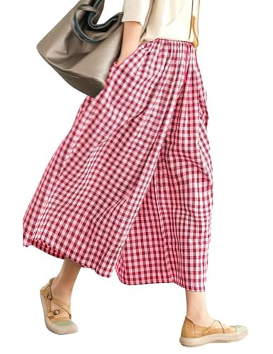 LOMON Womens Wide Leg Capri Pants Cotton Gingham Plaid Culottes Summer Elastic Waist Palazzo Trousers Bottoms with Pockets (Red White Plaid, XL) | Amazon (US)