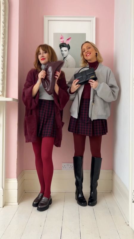 Check pleated mini skirt, red burgundy tights, black knee high boots and grey bomber jacket 

#LTKfindsunder50 #LTKstyletip #LTKfindsunder100