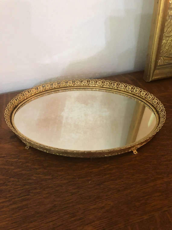 Vintage Mid Century Brass Filigree Mirrored Vanity Tray - Etsy | Etsy (US)