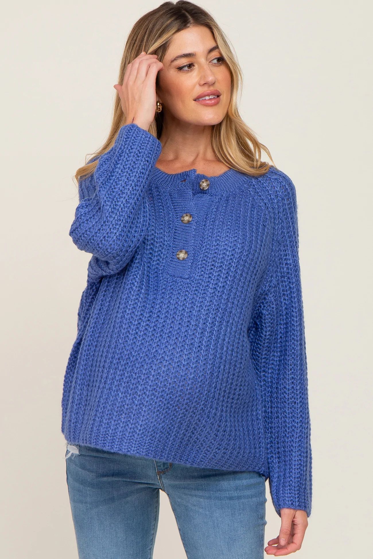 Blue Open Knit Button Front Maternity Sweater | PinkBlush Maternity