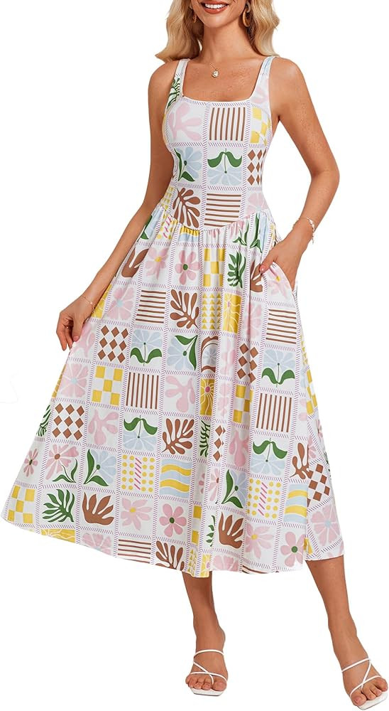 GRACE KARIN Women's Summer Square Neck Sleeveless Floral Midi Dress 2025 Boho Beach Casual Dresse... | Amazon (US)