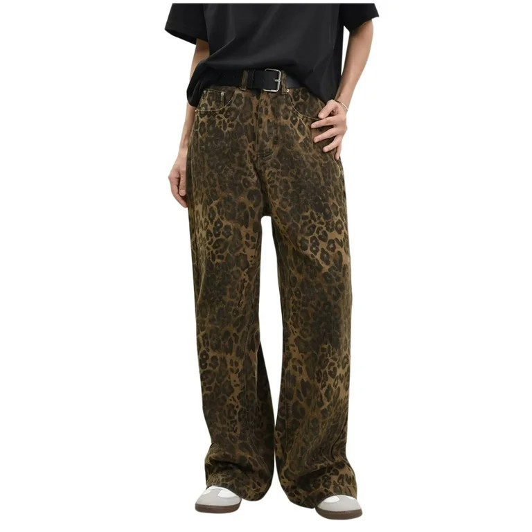 Byworldtasic Womens Pants Y2K Leopard Jeans for Women Cheetah Print Straight Leg Denim with Pocke... | Walmart (US)