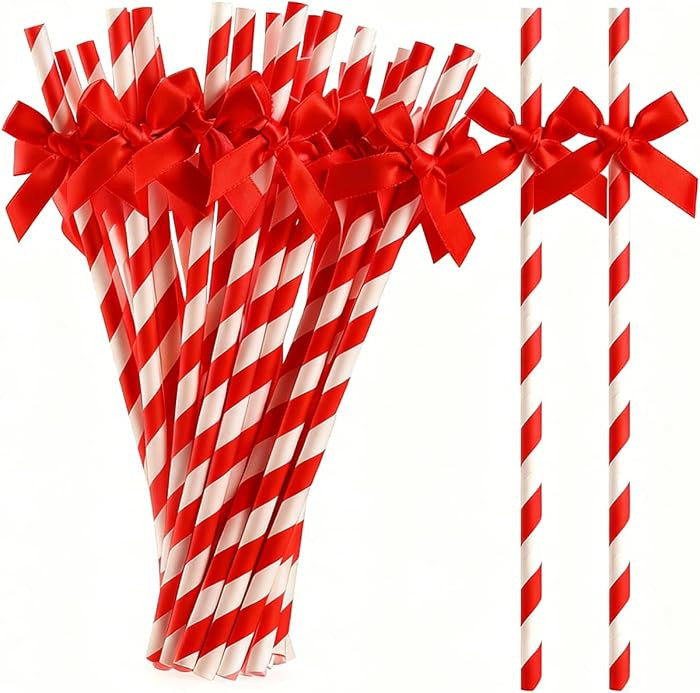 20pcs Red Bow Straw,Disposable Bow Ties Decorative Cocktail Drinking Straws,7.7inch Biodegradable... | Amazon (US)