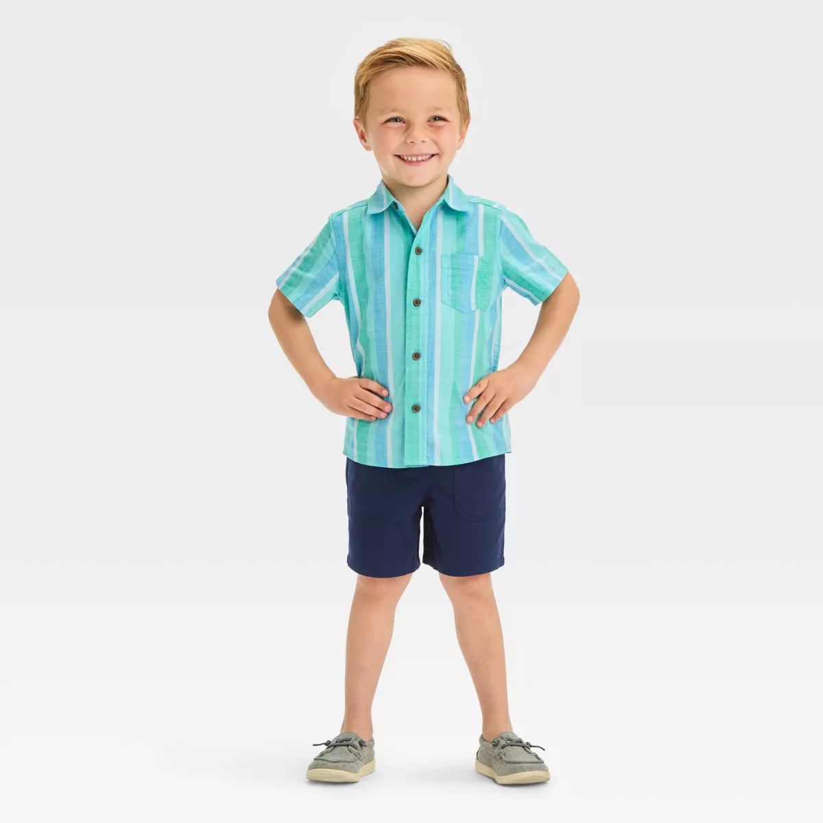 Toddler Boys' Short Sleeve Striped Button-Down Shirt and Shorts Set - Cat & Jack™ Turquoise Blu... | Target