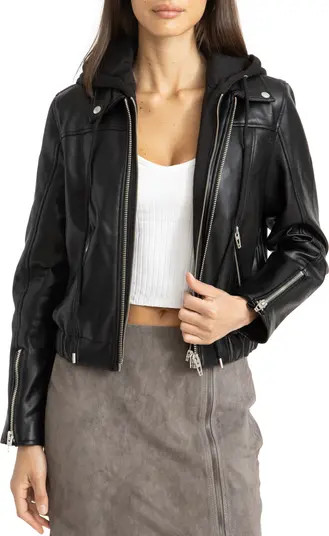Faux Leather Bomber Jacket with Removable Hood | Nordstrom