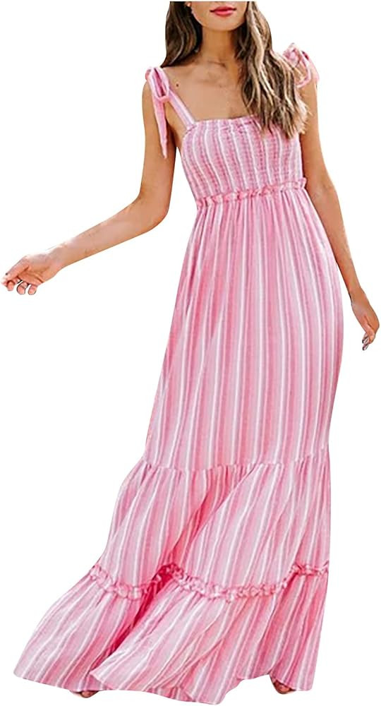 Pink Dress for Women Sexy Sleeveless Backless Tie Shoulder Long Dresses High Waisted Bodice Smock... | Amazon (US)