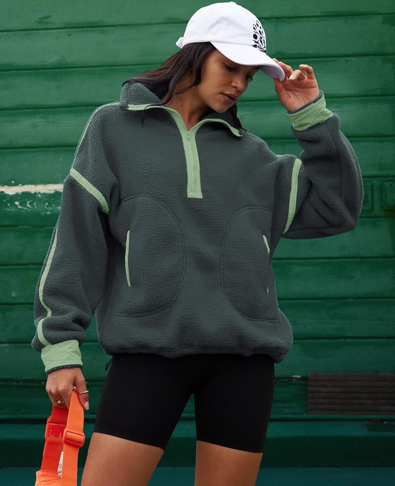 LAMISSCHE Half Zip Sweatshirt Women Oversized Sherpa Jacket V Neck Fleece Pullover Hoodie with Po... | Amazon (US)