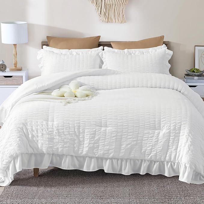 JOLLYVOGUE King Comforter Set, 3 Pieces White Seersucker Comforters King Size, Lightweight & Fluf... | Amazon (US)