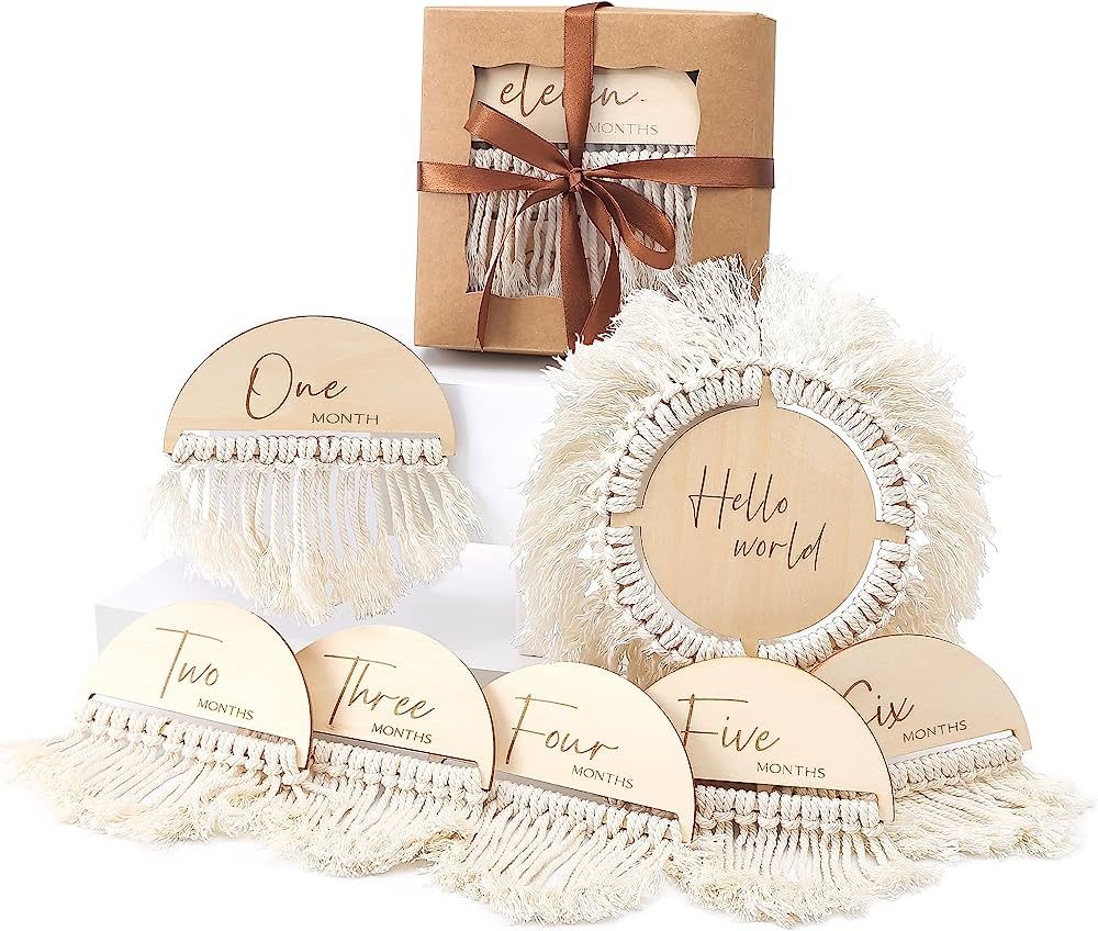Boho Baby Monthly Milestone Cards | 7 Pcs Wooden Double Sided Discs from Newborn to 1 Year | Baby... | Amazon (US)