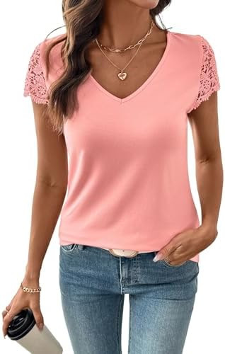 SHEWIN Womens Lace Tops Casual V Neck Short Sleeve Shirts Loose Tunic Top 2026 | Amazon (US)