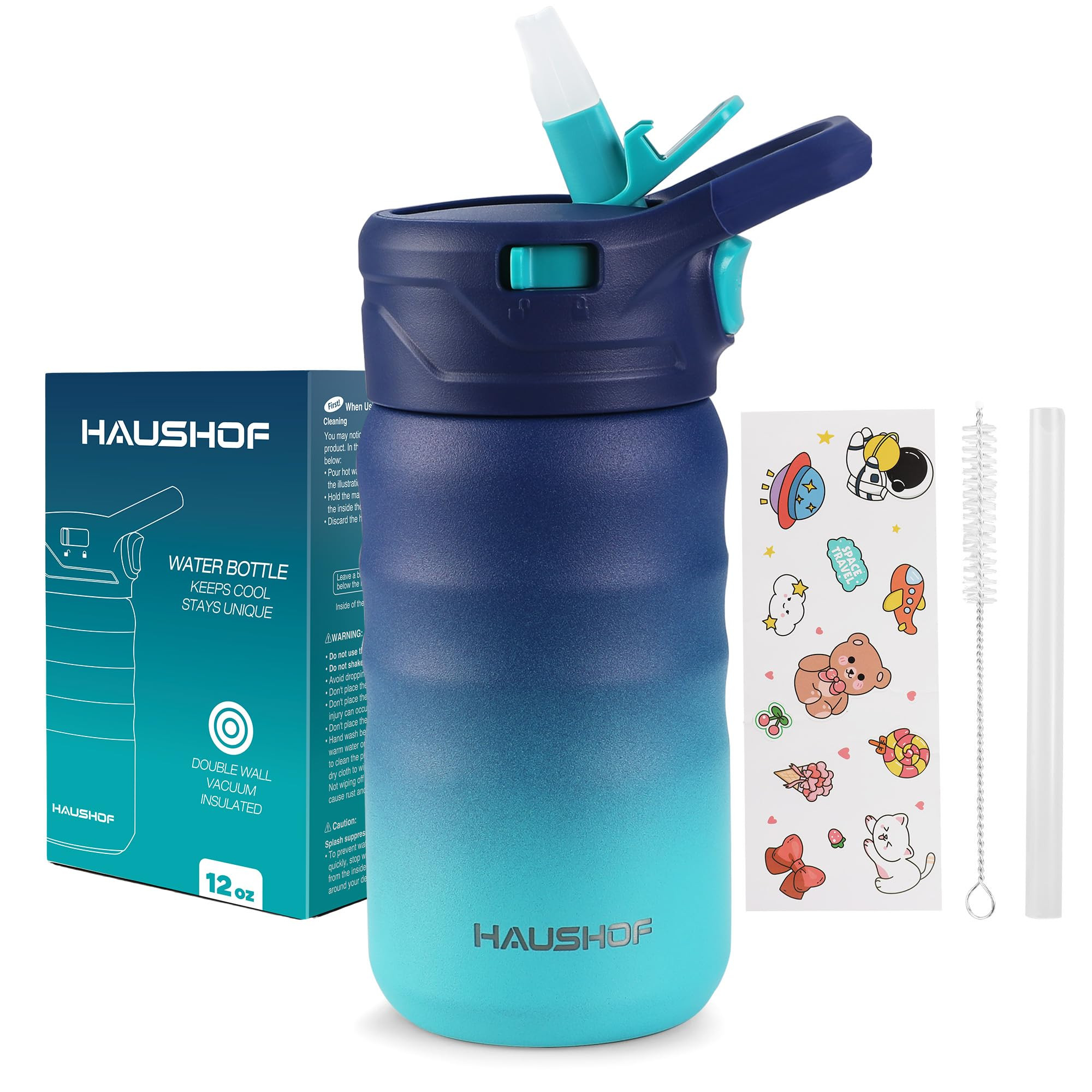 HAUSHOF Kids Water Bottle 12 oz BPA-free with Straw and Stickers, Stainless Steel Vacuum Double Wall Insulated cup with Leak Proof for school, Gift, Boys (Blue and Green) | Amazon (US)