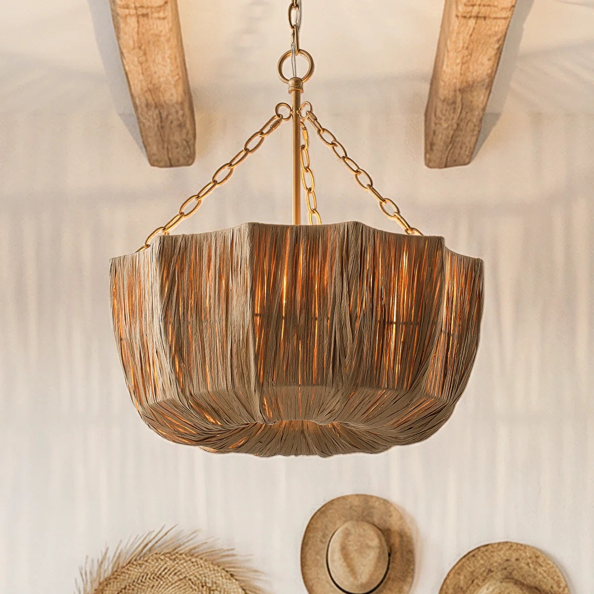 20" Organic Boho 5-Light Dimmable Bowl Chandelier With Handwoven Raffia Shade, Adjustable Height | Wayfair North America