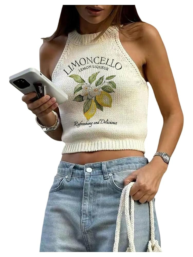 Women's Lemon Graphic Sleeveless Sweater Tank Top Knitted Slim Fit Crop Halter Tops | Amazon (US)