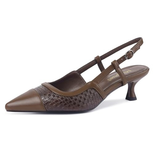 Migpuel Woven Kitten Heels for Women Leather Pointed Toe Slingback Pumps Buckle Strap Comfortable Heels Wedding Office Dressy Shoes Brown_Woven,8 | Amazon (US)