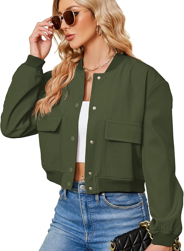 Zando Bomber Jacket Women 2026 - Short Cropped Jacket Women Button Down Long Sleeve Casual Varsit... | Amazon (US)