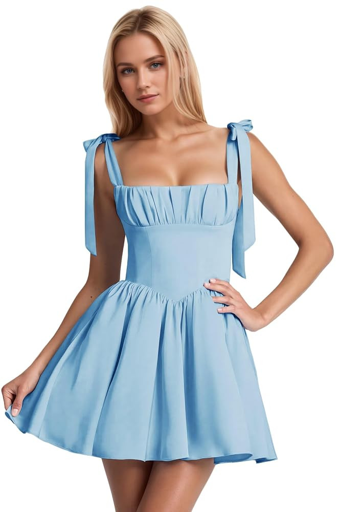 Square Neck Homecoming Dresses Satin Bow Shoulder Straps Pleated Short Cocktail Graduation Gowns | Amazon (US)