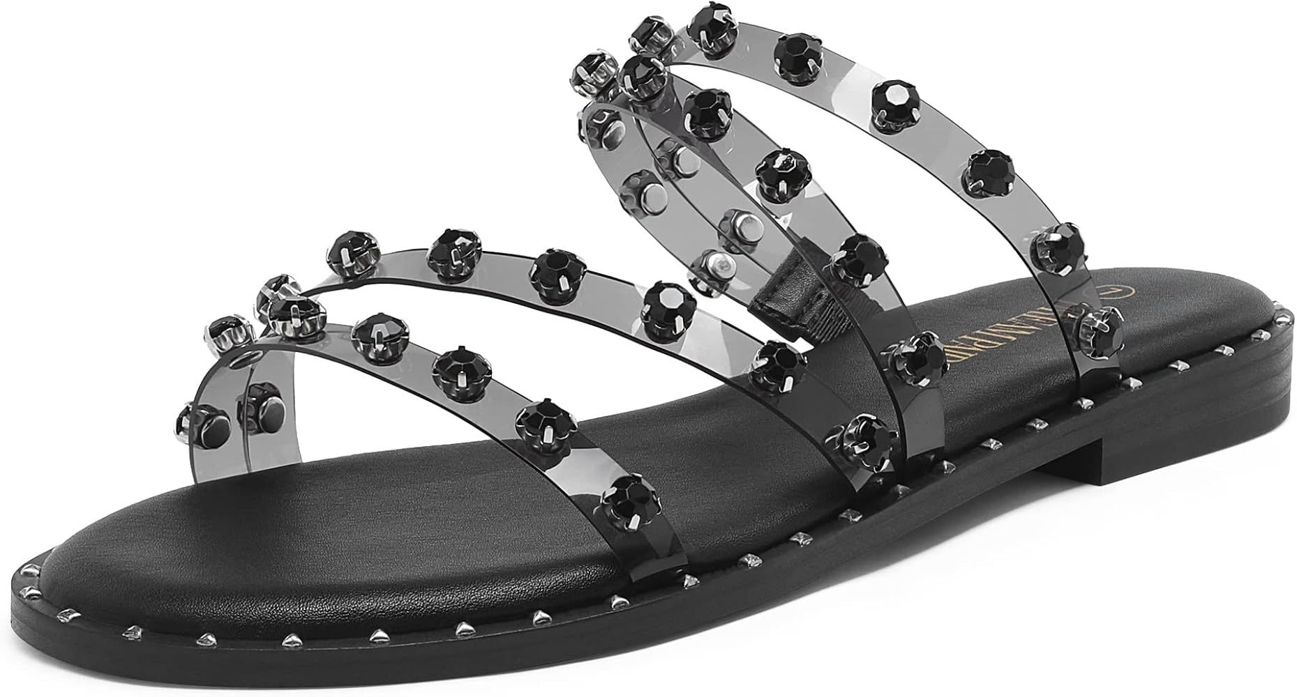 DREAM PAIRS Women's Clear Studded Rhinestone Slide Sandals Slip on Open Toe Cute Flat Sandals for Su | Amazon (US)