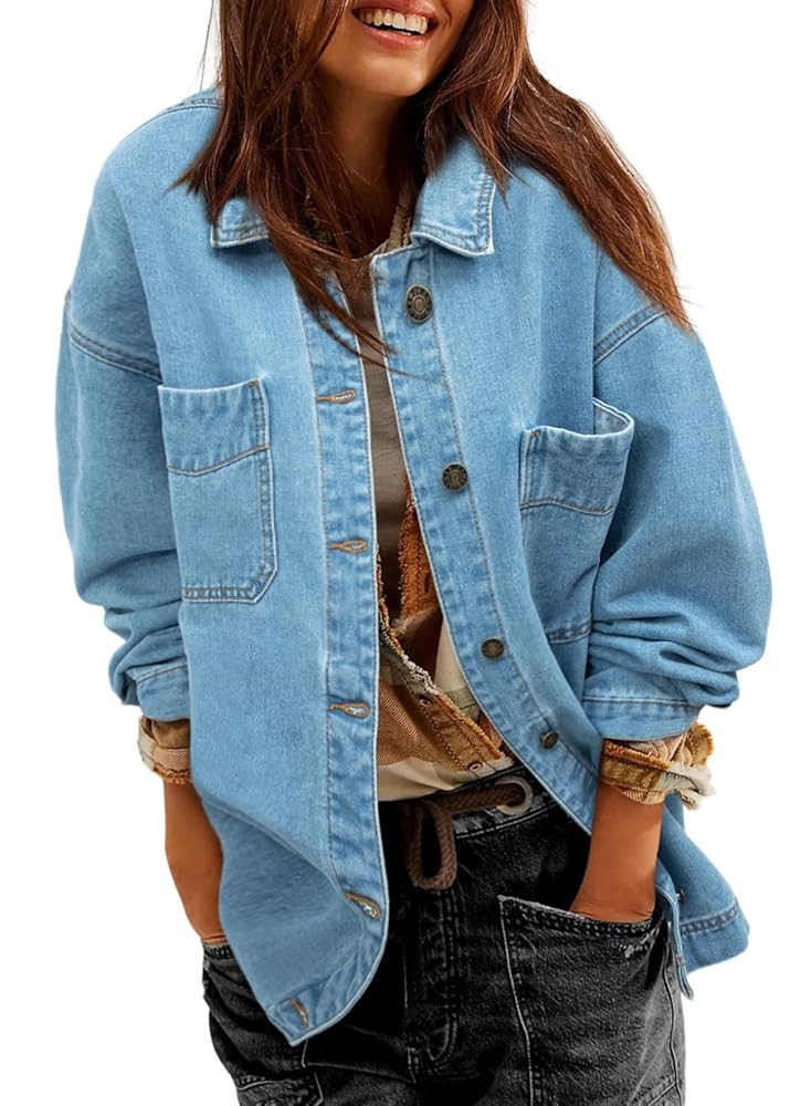 Sidefeel Women's Jean Jacket Oversized Boyfriend Button Up Long Sleeve Split Zimbaplatinum Denim ... | Amazon (US)